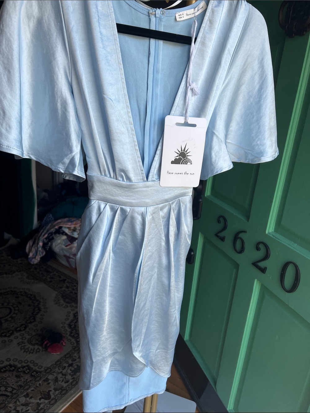 Here Comes the Sun Light Blue Satin belted Dress with Flutter Sleeves